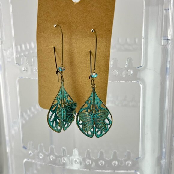 Patinaed-Metal Butterfly Filigree Drop Earrings - Picture 3 of 3